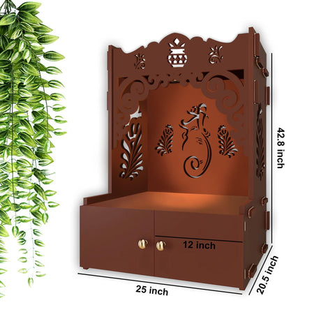 Beautiful Design of Shri Ganesh Floor Temple with Spacious Wooden Shelf & Inbuilt Focus Light- Brown Finish - Decor Mantra 