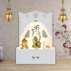 Beautiful Design of Shri Ganesh Floor Temple with Spacious Wooden Shelf & Inbuilt Focus Light- White Finish - Decor Mantra 
