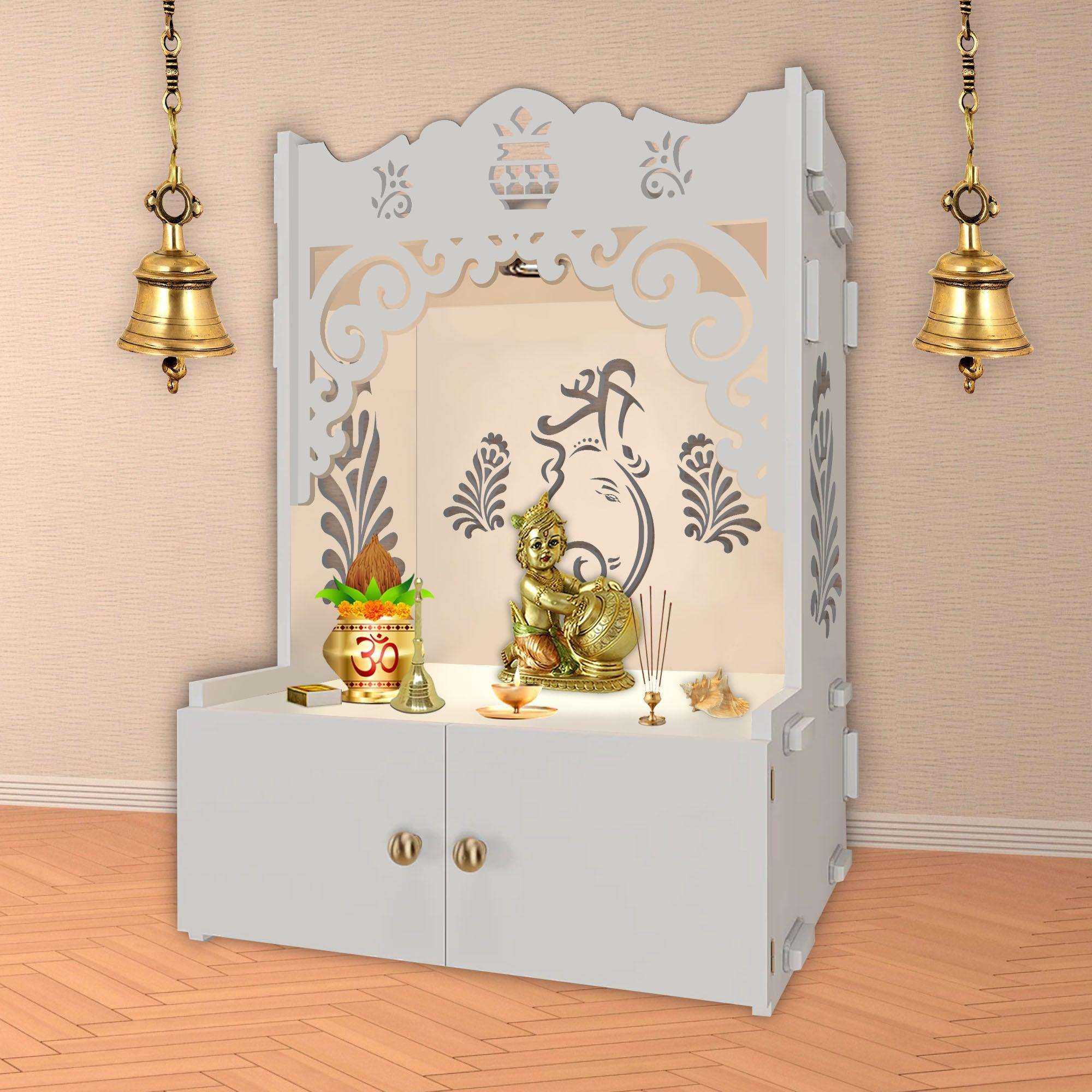 Beautiful Design of Shri Ganesh Floor Temple with Spacious Wooden Shelf & Inbuilt Focus Light- White Finish - Decor Mantra 