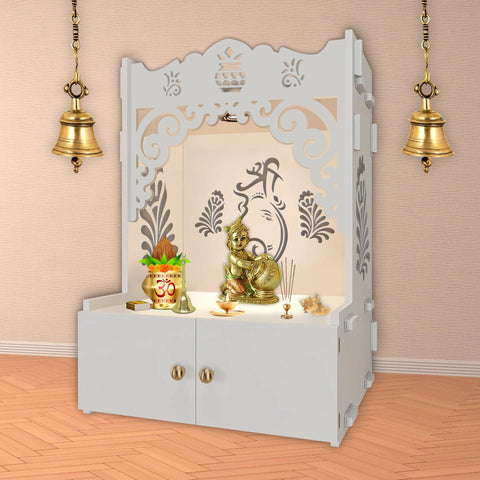 Beautiful Design of Shri Ganesh Floor Temple with Spacious Wooden Shelf & Inbuilt Focus Light- White Finish - Decor Mantra 