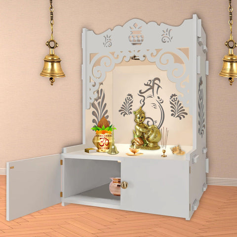 Beautiful Design of Shri Ganesh Floor Temple with Spacious Wooden Shelf & Inbuilt Focus Light- White Finish - Decor Mantra 