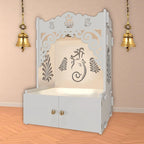 Beautiful Design of Shri Ganesh Floor Temple with Spacious Wooden Shelf & Inbuilt Focus Light- White Finish - Decor Mantra 