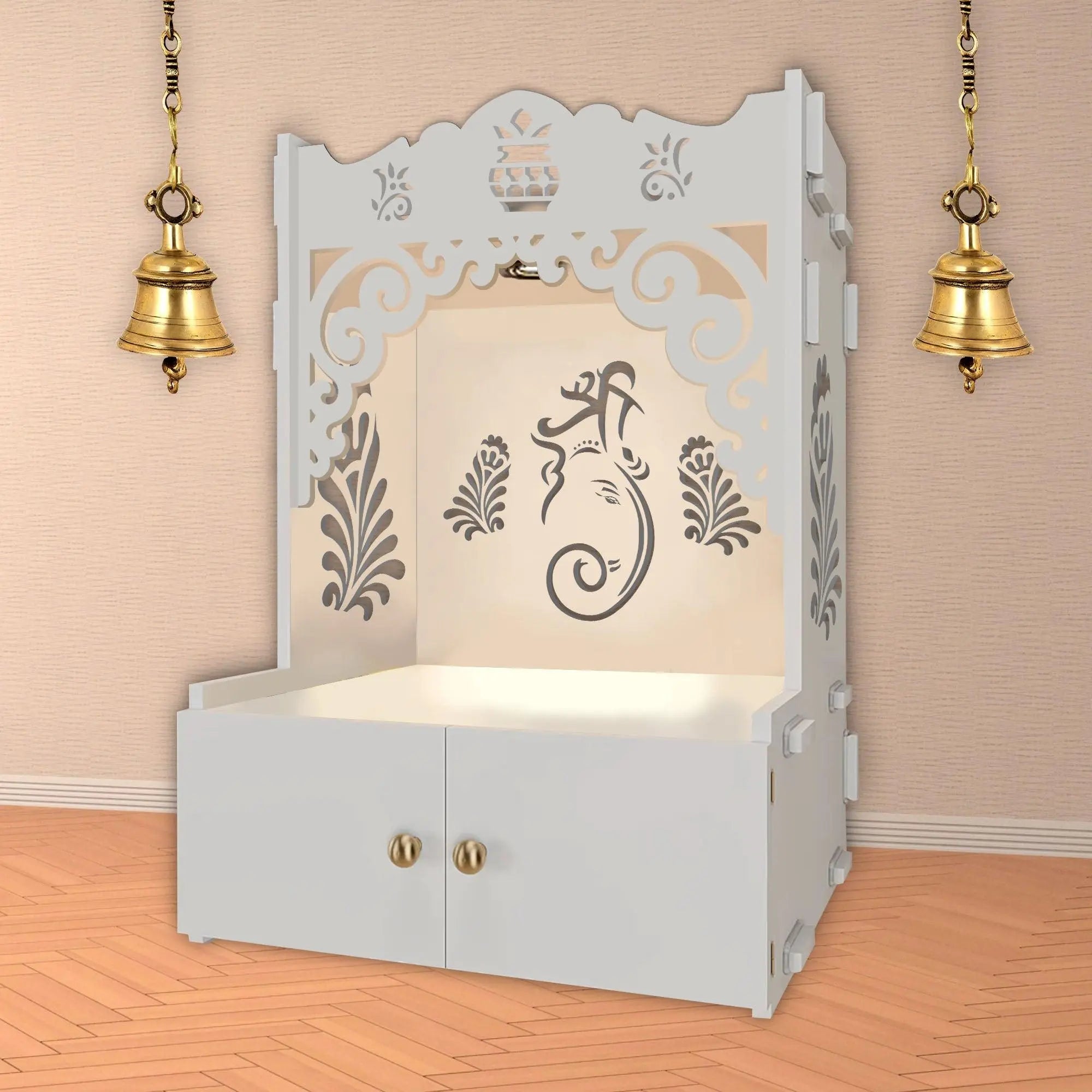 Beautiful Design of Shri Ganesh Floor Temple with Spacious Wooden Shelf & Inbuilt Focus Light- White Finish - Decor Mantra 