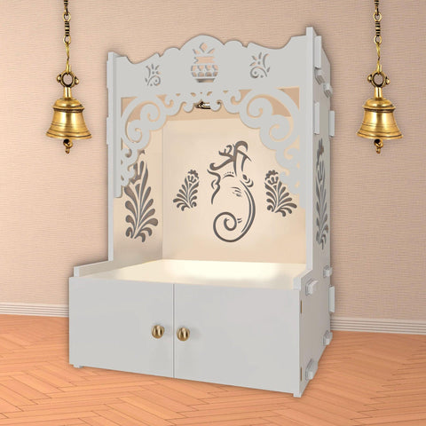 Beautiful Design of Shri Ganesh Floor Temple with Spacious Wooden Shelf & Inbuilt Focus Light- White Finish - Decor Mantra 