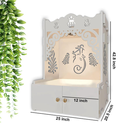 Beautiful Design of Shri Ganesh Floor Temple with Spacious Wooden Shelf & Inbuilt Focus Light- White Finish - Decor Mantra 