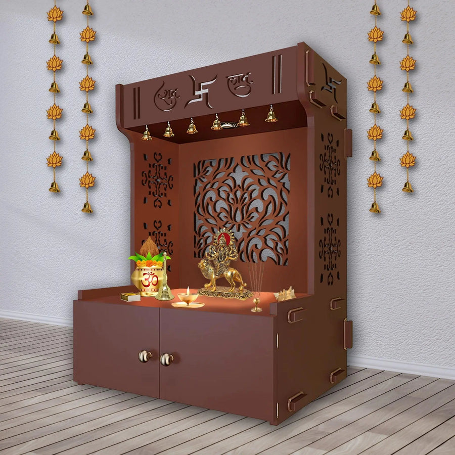 Designer Intricate Jali Design Pattern Floor Temple with Spacious Wooden Shelf & Inbuilt Focus Light- Brown Finish - Decor Mantra 