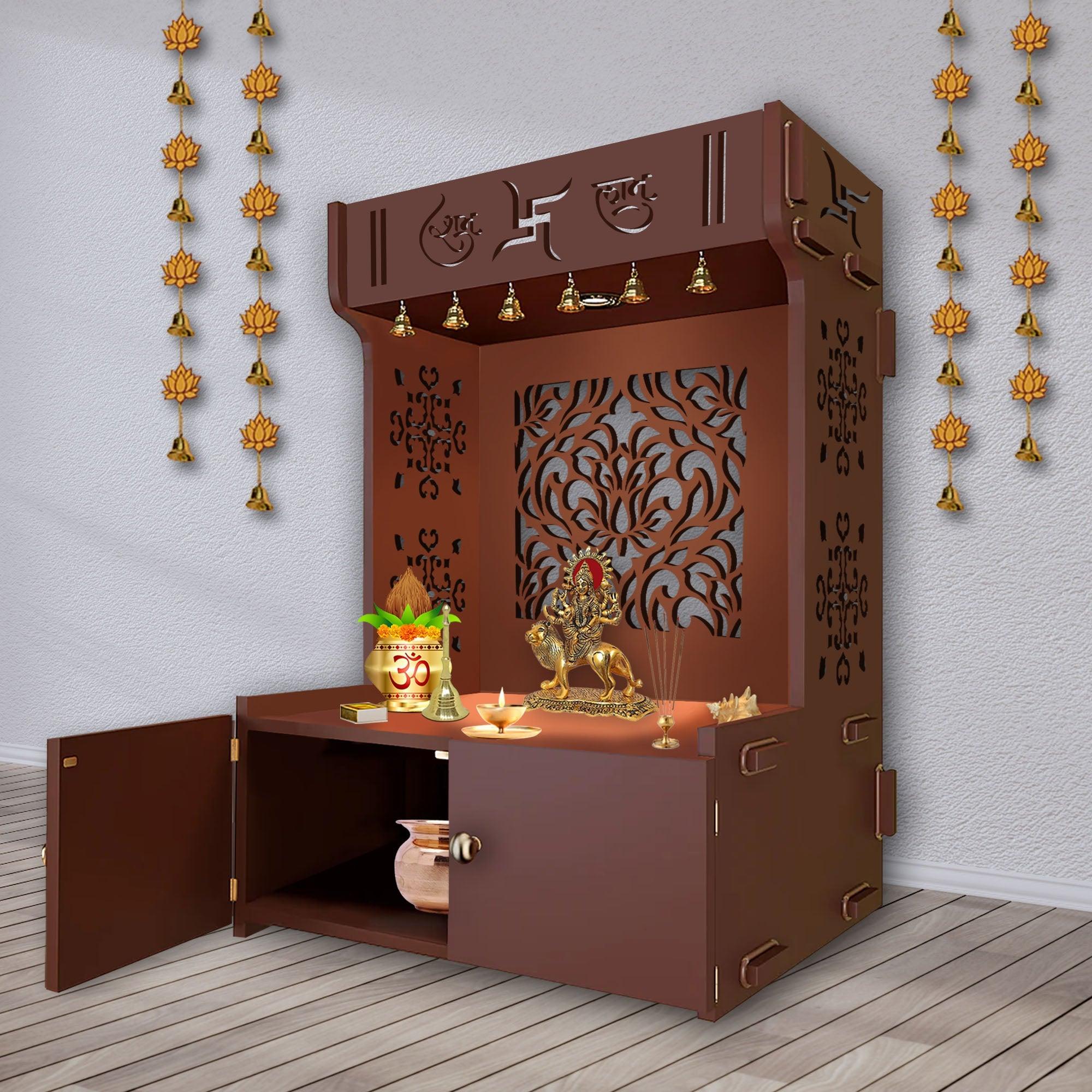 Designer Intricate Jali Design Pattern Floor Temple with Spacious Wooden Shelf & Inbuilt Focus Light- Brown Finish - Decor Mantra 