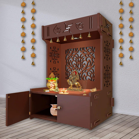 Designer Intricate Jali Design Pattern Floor Temple with Spacious Wooden Shelf & Inbuilt Focus Light- Brown Finish - Decor Mantra 