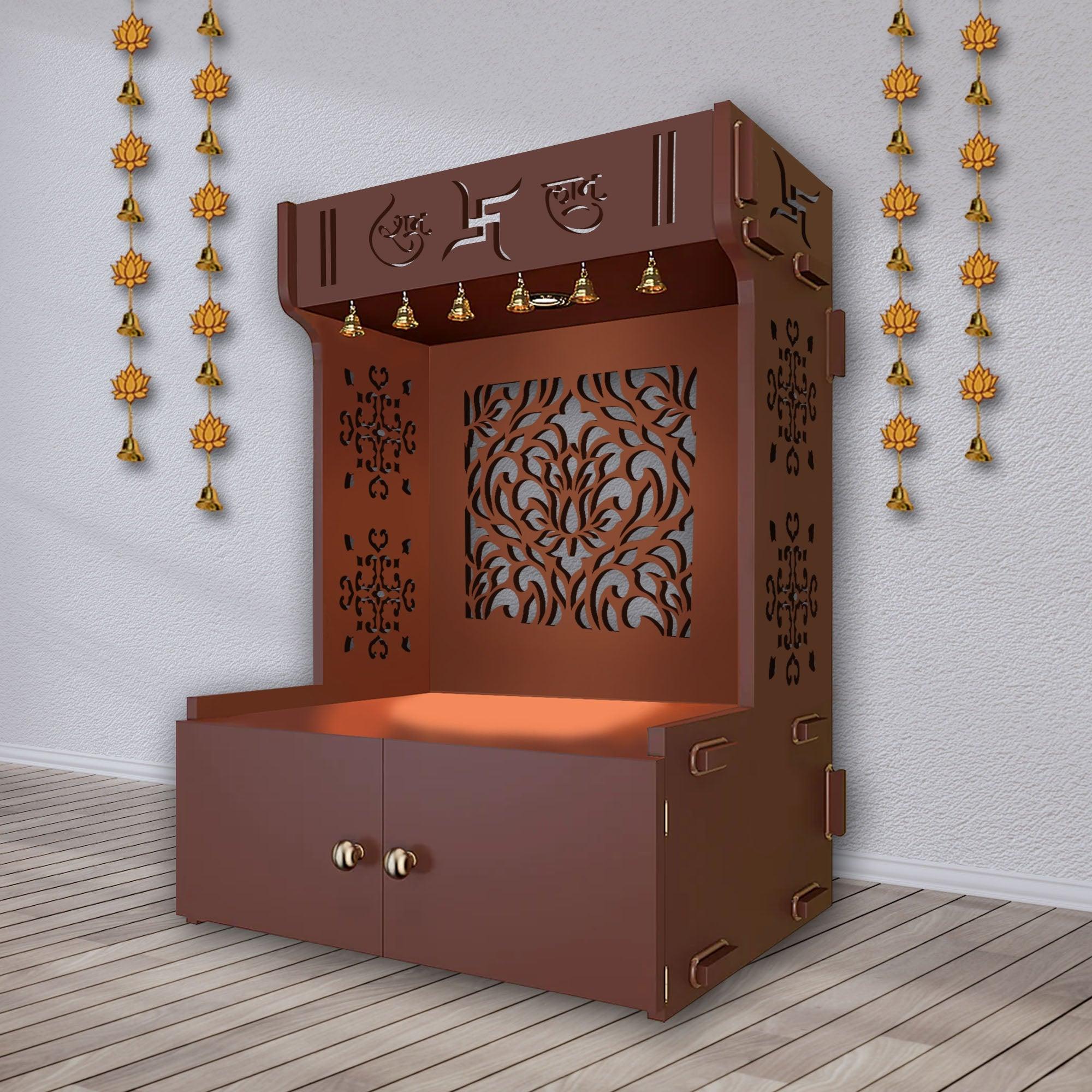 Designer Intricate Jali Design Pattern Floor Temple with Spacious Wooden Shelf & Inbuilt Focus Light- Brown Finish - Decor Mantra 
