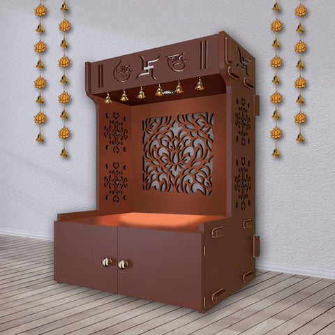Designer Intricate Jali Design Pattern Floor Temple with Spacious Wooden Shelf & Inbuilt Focus Light- Brown Finish - Decor Mantra 