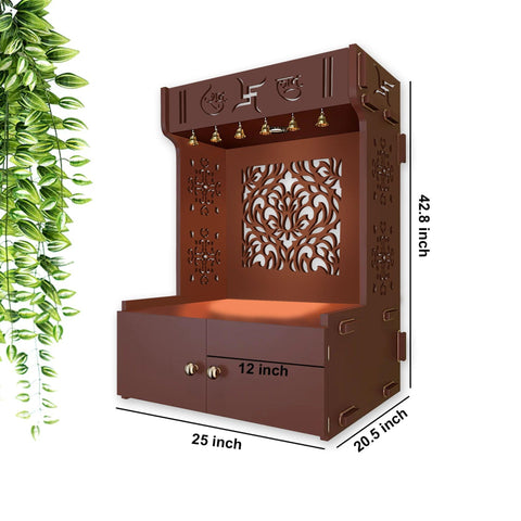 Designer Intricate Jali Design Pattern Floor Temple with Spacious Wooden Shelf & Inbuilt Focus Light- Brown Finish - Decor Mantra 
