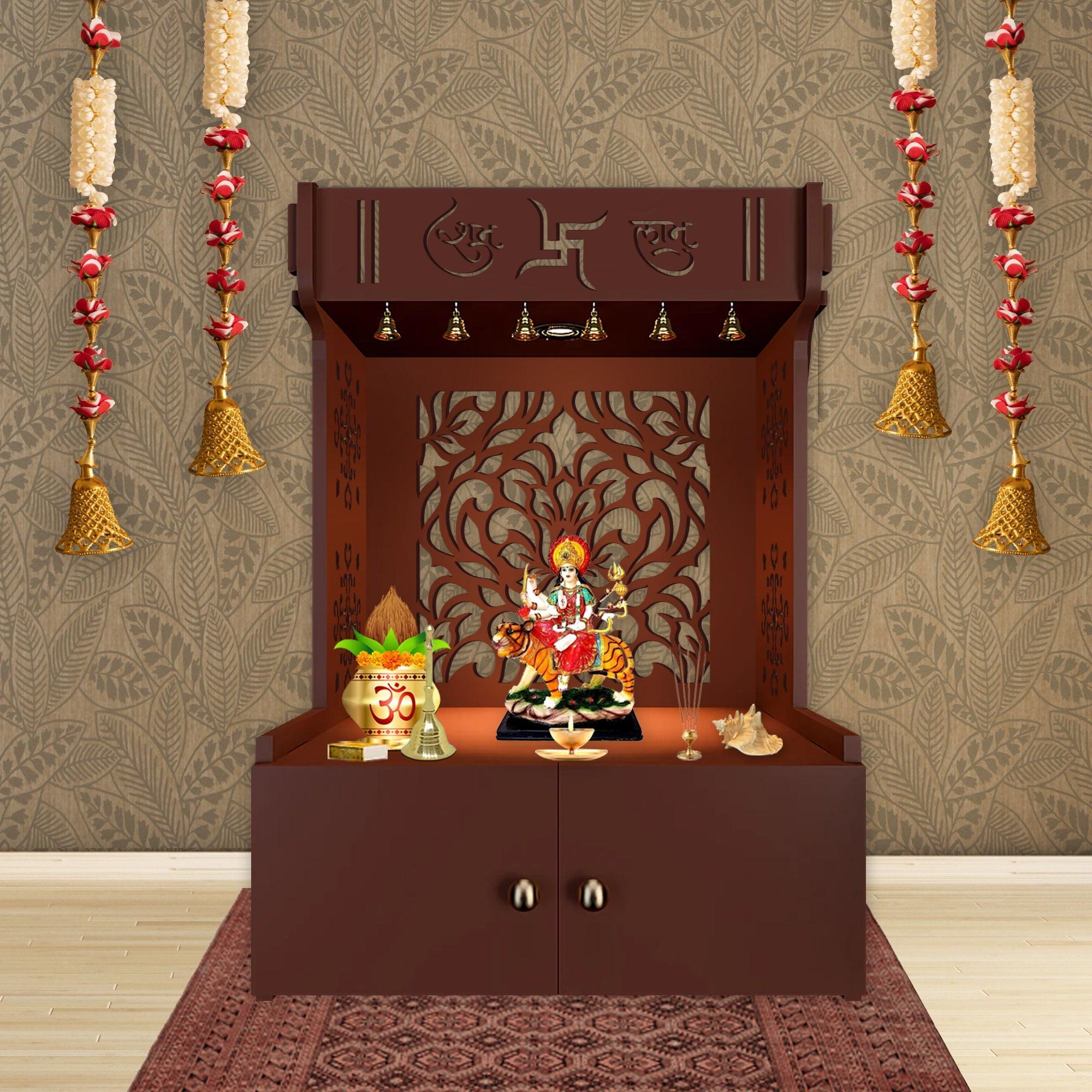 Designer Intricate Jali Design Pattern Floor Temple with Spacious Wooden Shelf & Inbuilt Focus Light- Brown Finish - Decor Mantra 