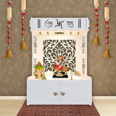 Designer Intricate Jali Design Pattern Floor Temple with Spacious Wooden Shelf & Inbuilt Focus Light- White Finish - Decor Mantra 