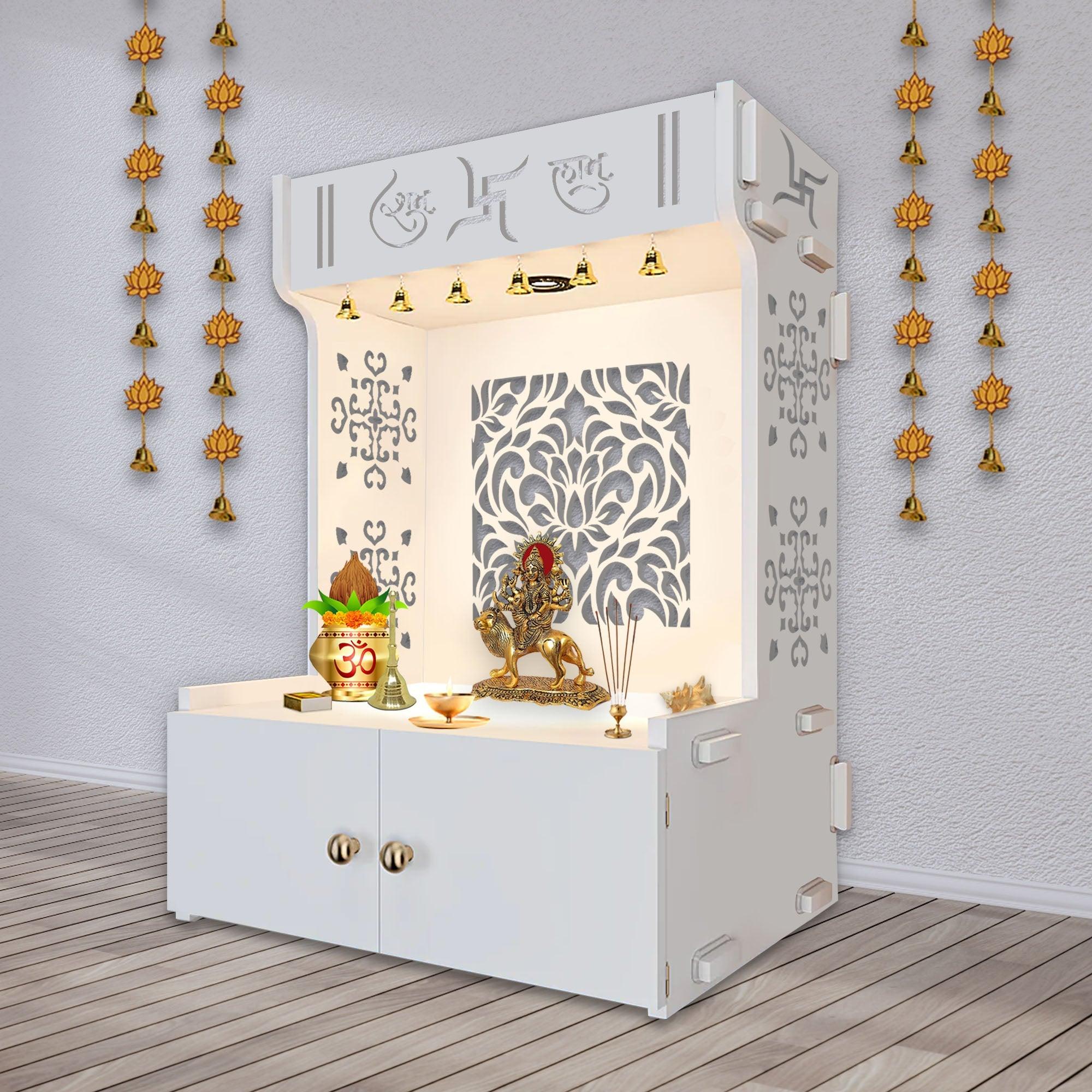 Designer Intricate Jali Design Pattern Floor Temple with Spacious Wooden Shelf & Inbuilt Focus Light- White Finish - Decor Mantra 