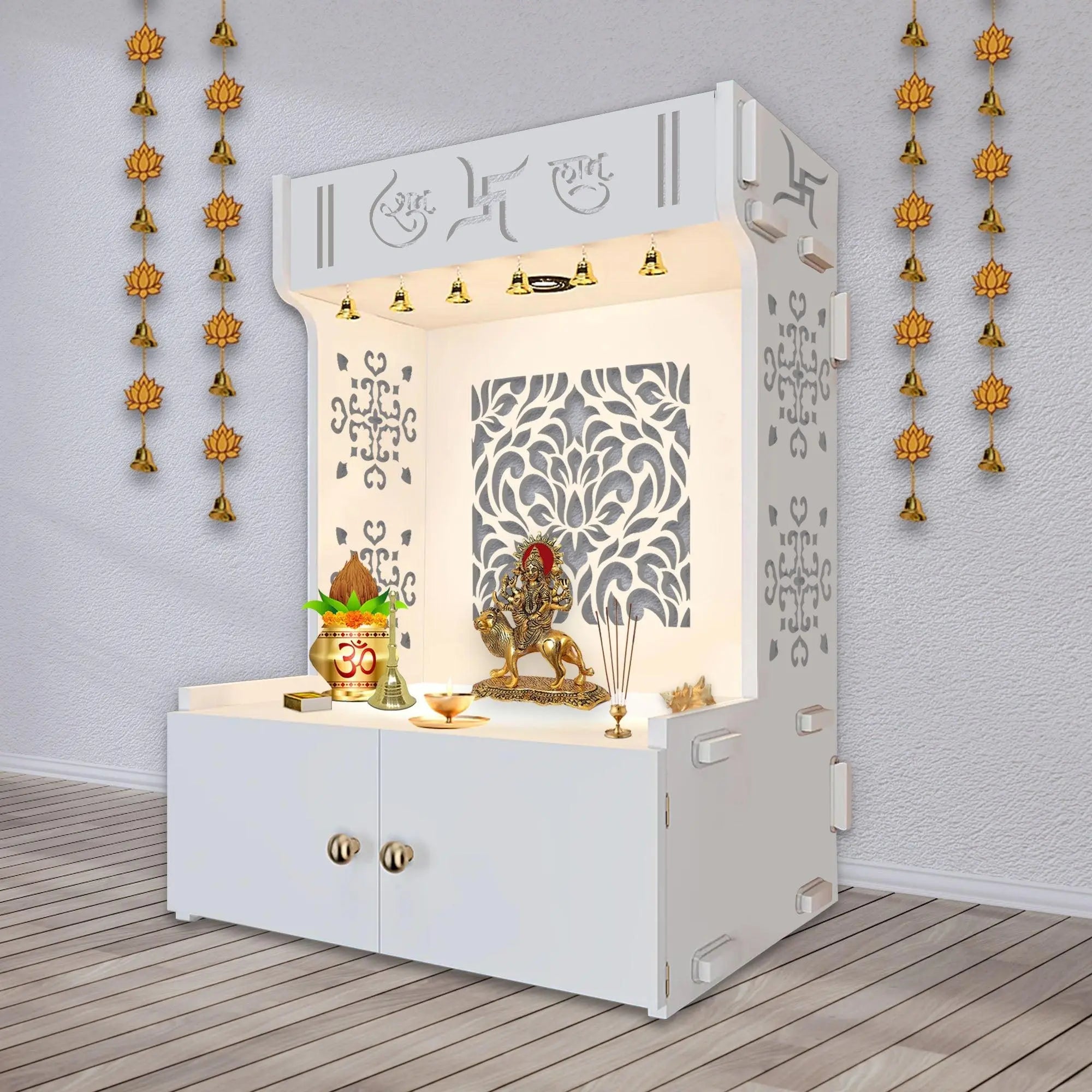 Designer Intricate Jali Design Pattern Floor Temple with Spacious Wooden Shelf & Inbuilt Focus Light- White Finish - Decor Mantra 