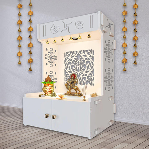 Designer Intricate Jali Design Pattern Floor Temple with Spacious Wooden Shelf & Inbuilt Focus Light- White Finish - Decor Mantra 