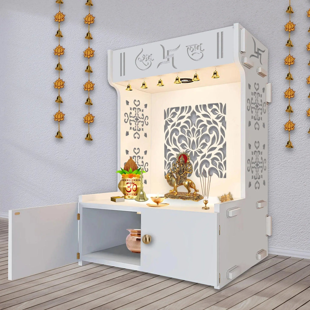 Designer Intricate Jali Design Pattern Floor Temple with Spacious Wooden Shelf & Inbuilt Focus Light- White Finish - Decor Mantra 