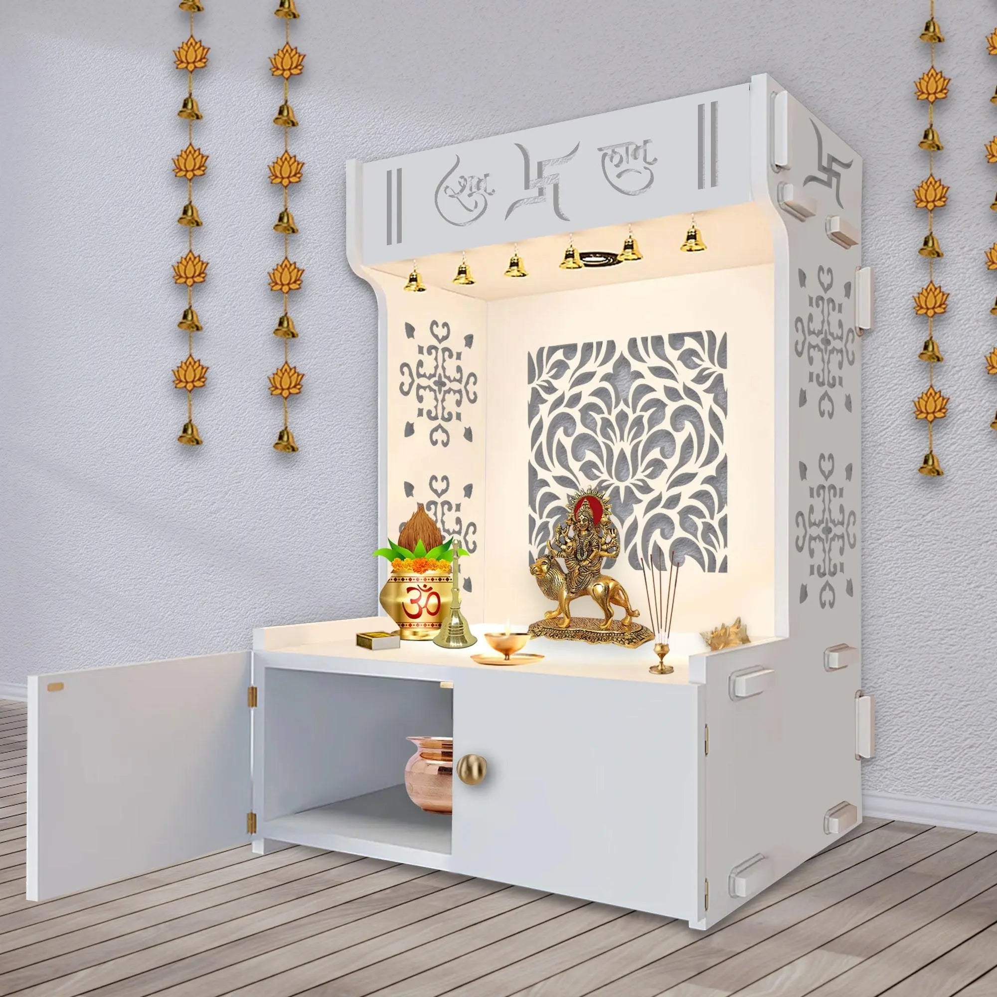 Designer Intricate Jali Design Pattern Floor Temple with Spacious Wooden Shelf & Inbuilt Focus Light- White Finish - Decor Mantra 