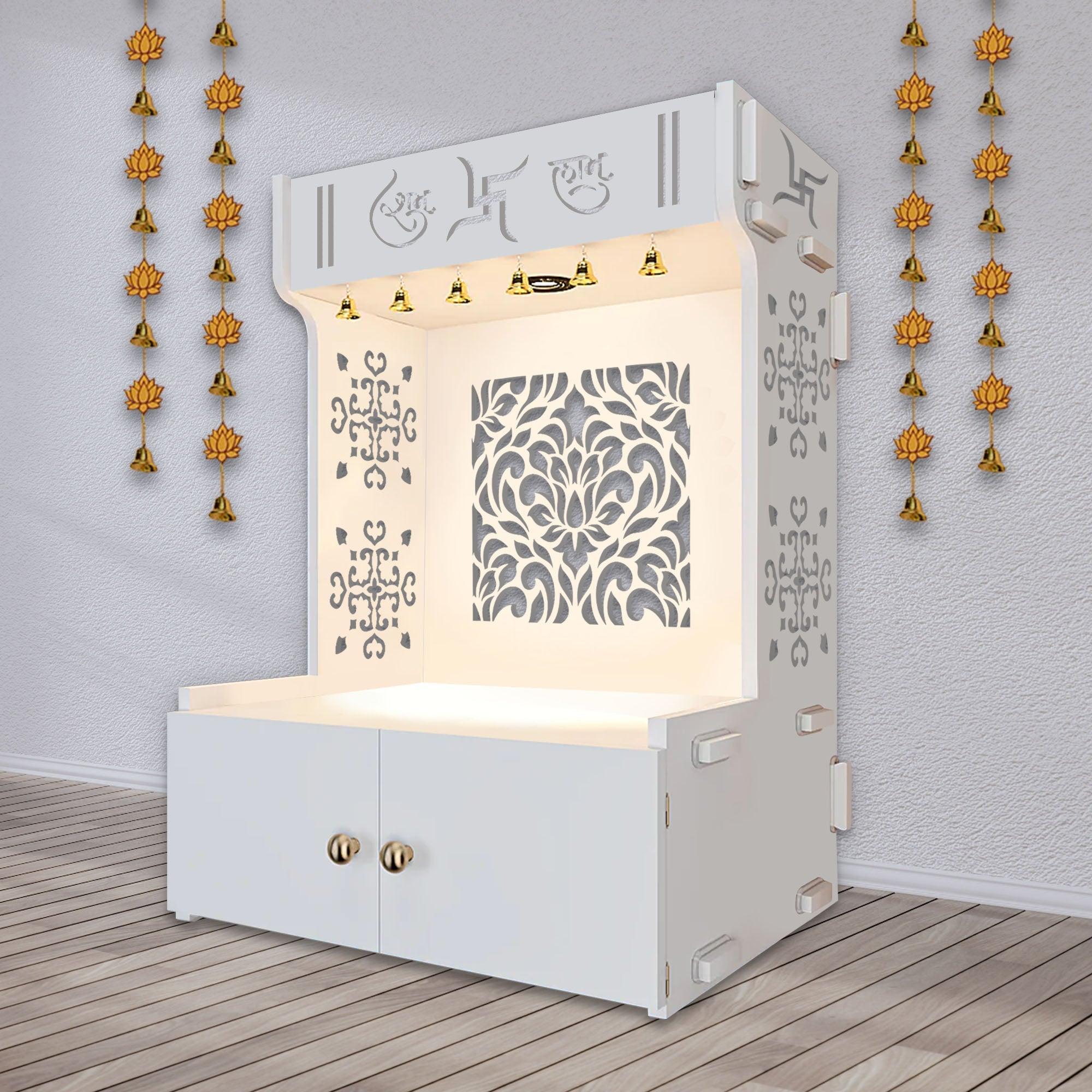 Designer Intricate Jali Design Pattern Floor Temple with Spacious Wooden Shelf & Inbuilt Focus Light- White Finish - Decor Mantra 