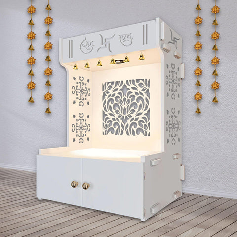 Designer Intricate Jali Design Pattern Floor Temple with Spacious Wooden Shelf & Inbuilt Focus Light- White Finish - Decor Mantra 
