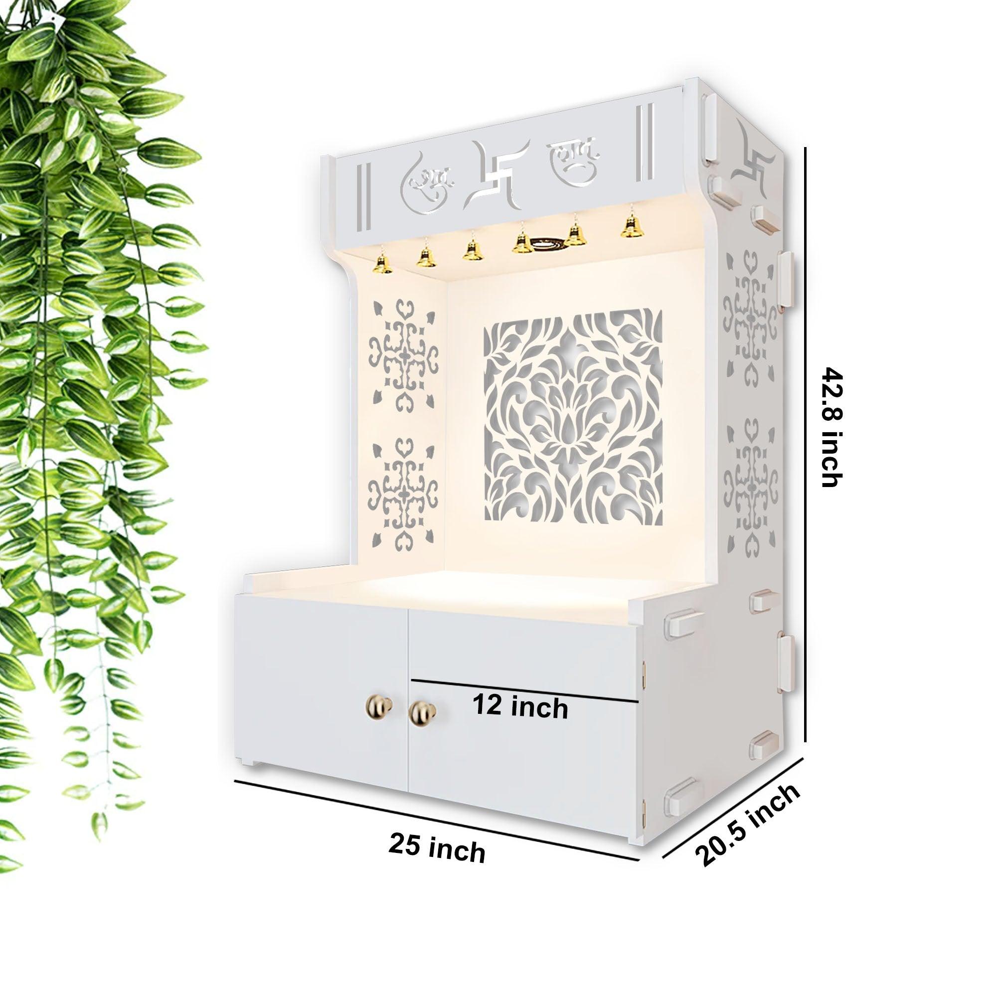 Designer Intricate Jali Design Pattern Floor Temple with Spacious Wooden Shelf & Inbuilt Focus Light- White Finish - Decor Mantra 