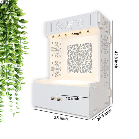 Designer Intricate Jali Design Pattern Floor Temple with Spacious Wooden Shelf & Inbuilt Focus Light- White Finish - Decor Mantra 