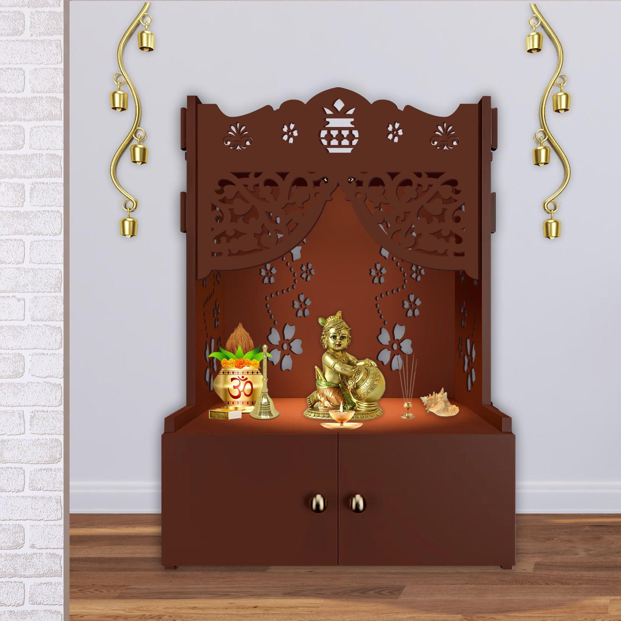 Beautiful Flower Design Pattern Floor Temple with Spacious Wooden Shelf & Inbuilt Focus Light- Brown Finish - Decor Mantra 