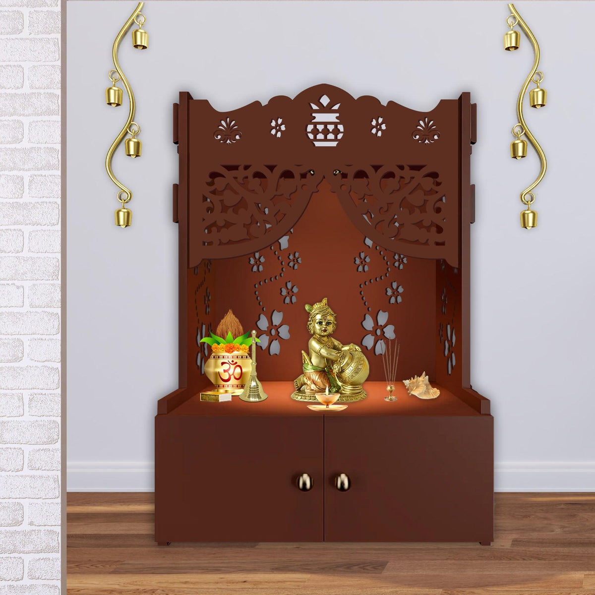Beautiful Flower Design Pattern Floor Temple with Spacious Wooden Shelf & Inbuilt Focus Light- Brown Finish - Decor Mantra 