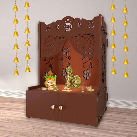 Beautiful Flower Design Pattern Floor Temple with Spacious Wooden Shelf & Inbuilt Focus Light- Brown Finish - Decor Mantra 