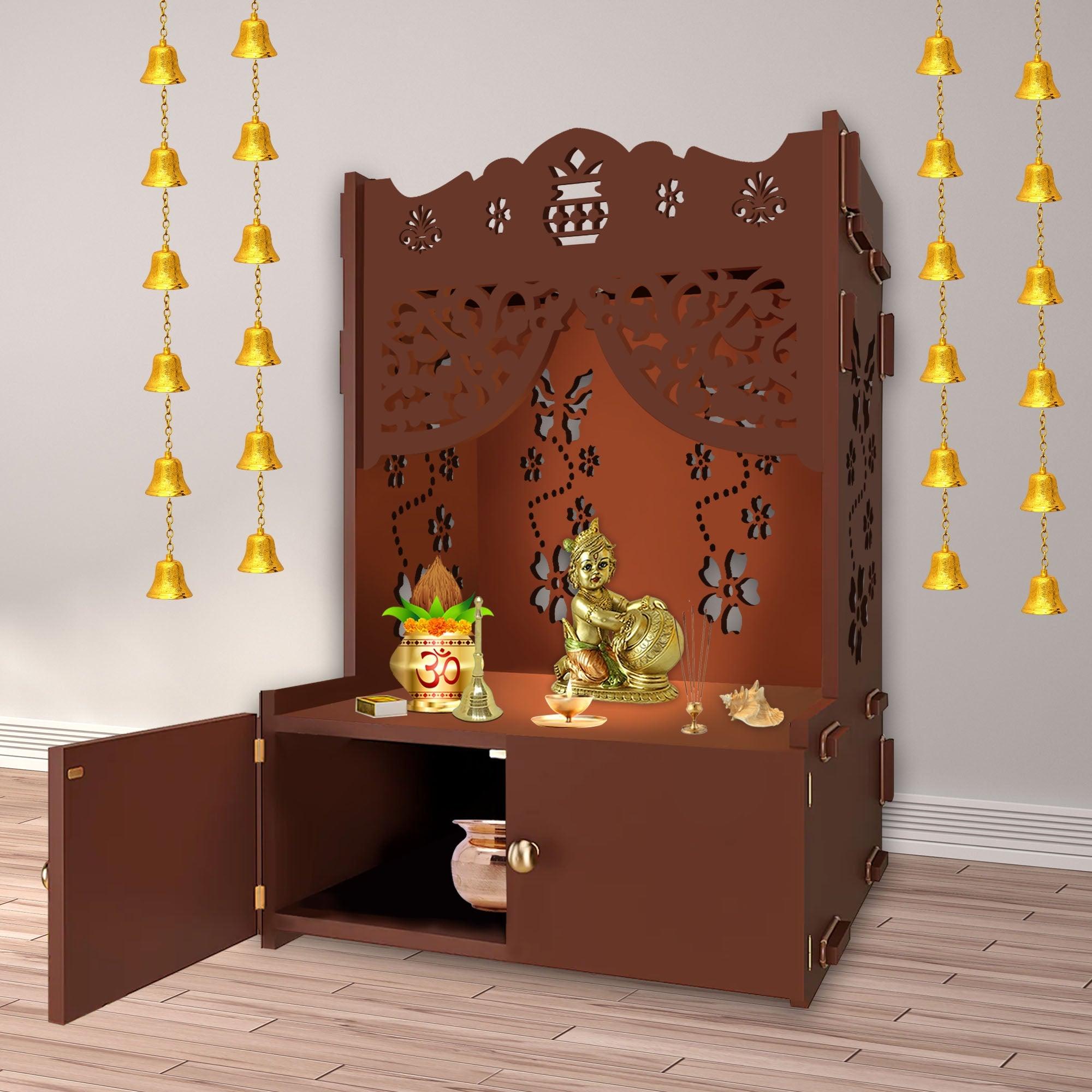 Beautiful Flower Design Pattern Floor Temple with Spacious Wooden Shelf & Inbuilt Focus Light- Brown Finish - Decor Mantra 