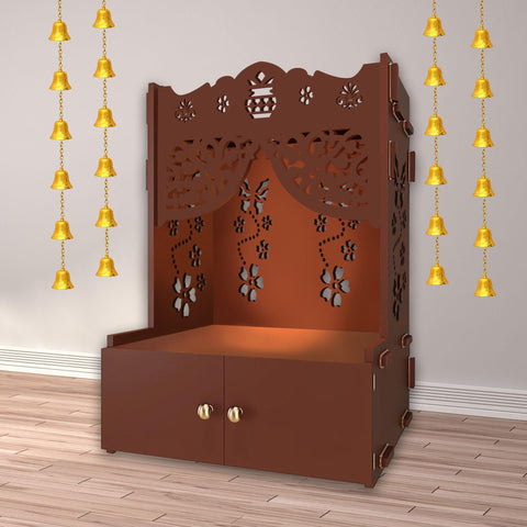 Beautiful Flower Design Pattern Floor Temple with Spacious Wooden Shelf & Inbuilt Focus Light- Brown Finish - Decor Mantra 