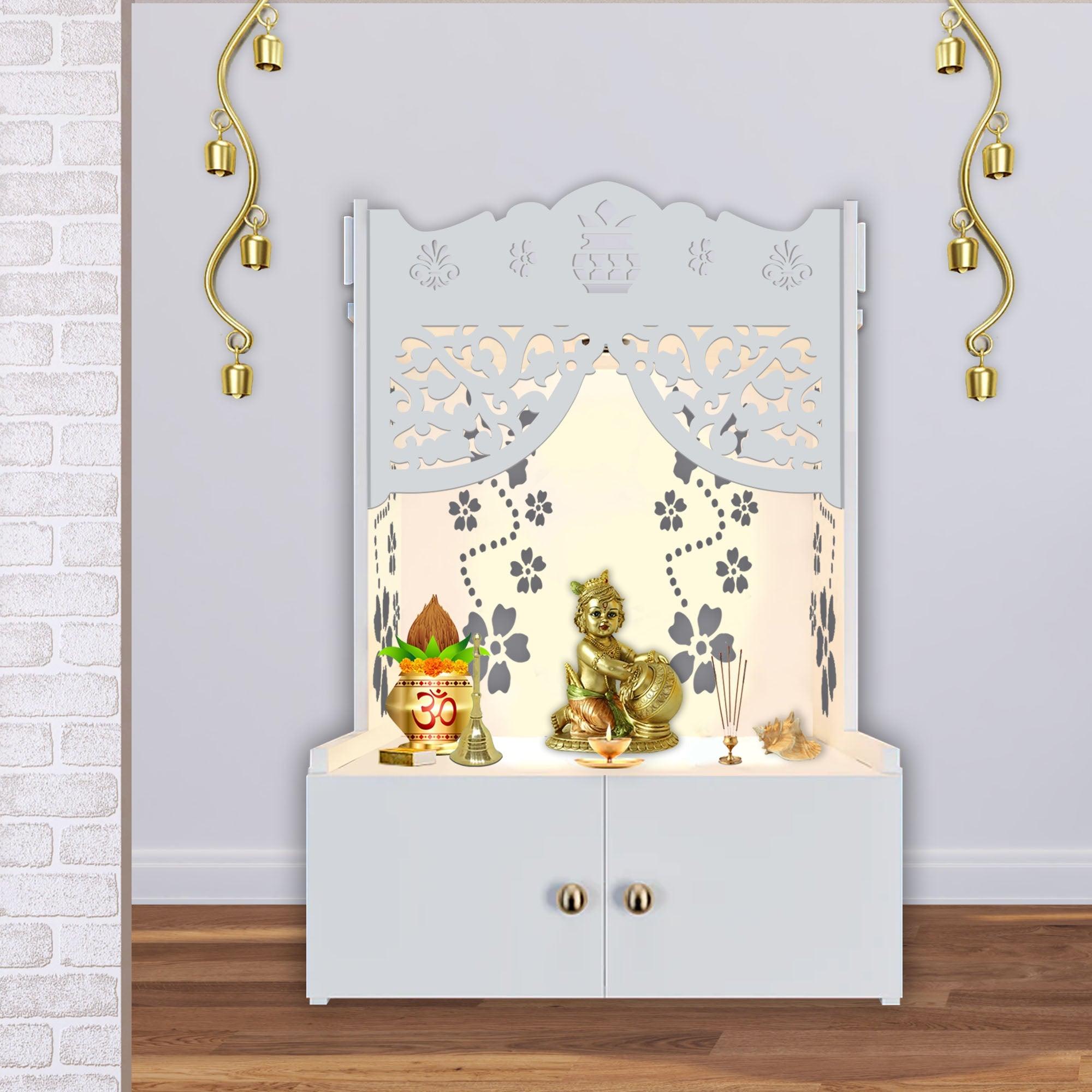 Beautiful Flower Design Pattern Floor Temple with Spacious Wooden Shelf & Inbuilt Focus Light- White Finish - Decor Mantra 