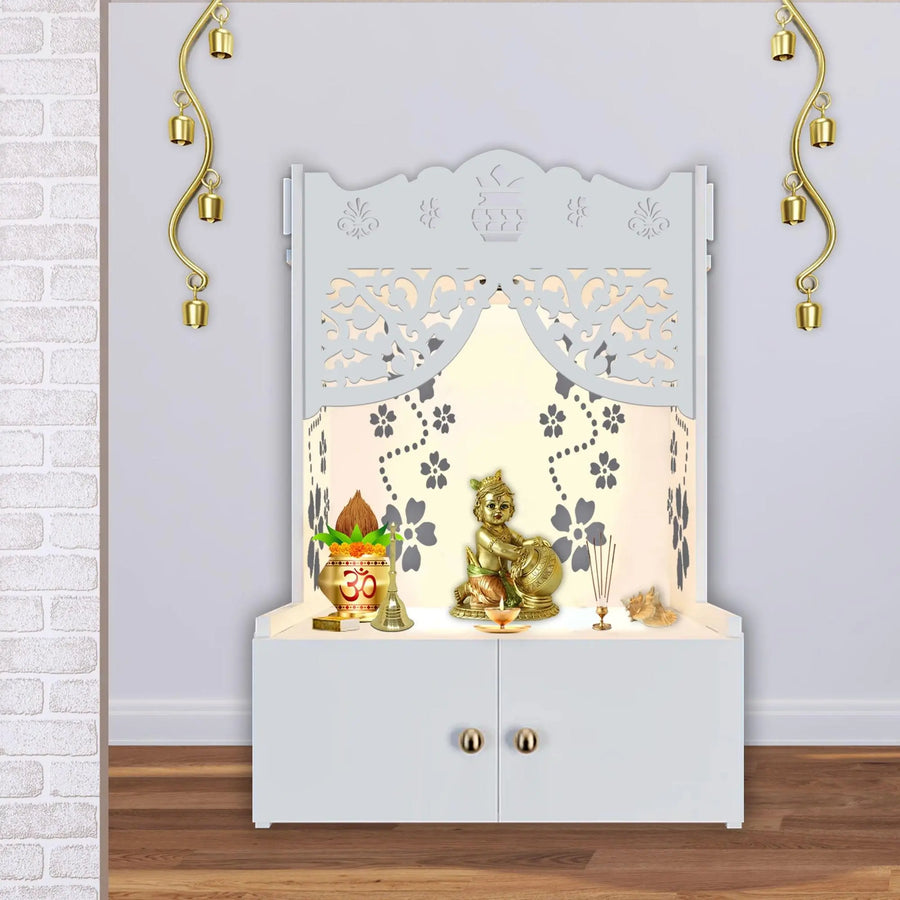 Beautiful Flower Design Pattern Floor Temple with Spacious Wooden Shelf & Inbuilt Focus Light- White Finish - Decor Mantra 