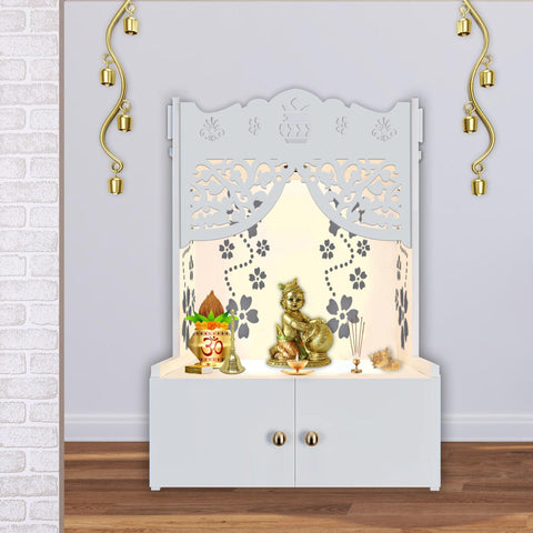 Beautiful Flower Design Pattern Floor Temple with Spacious Wooden Shelf & Inbuilt Focus Light- White Finish - Decor Mantra 