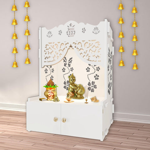 Beautiful Flower Design Pattern Floor Temple with Spacious Wooden Shelf & Inbuilt Focus Light- White Finish - Decor Mantra 