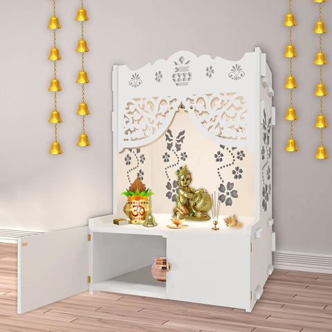 Beautiful Flower Design Pattern Floor Temple with Spacious Wooden Shelf & Inbuilt Focus Light- White Finish - Decor Mantra 