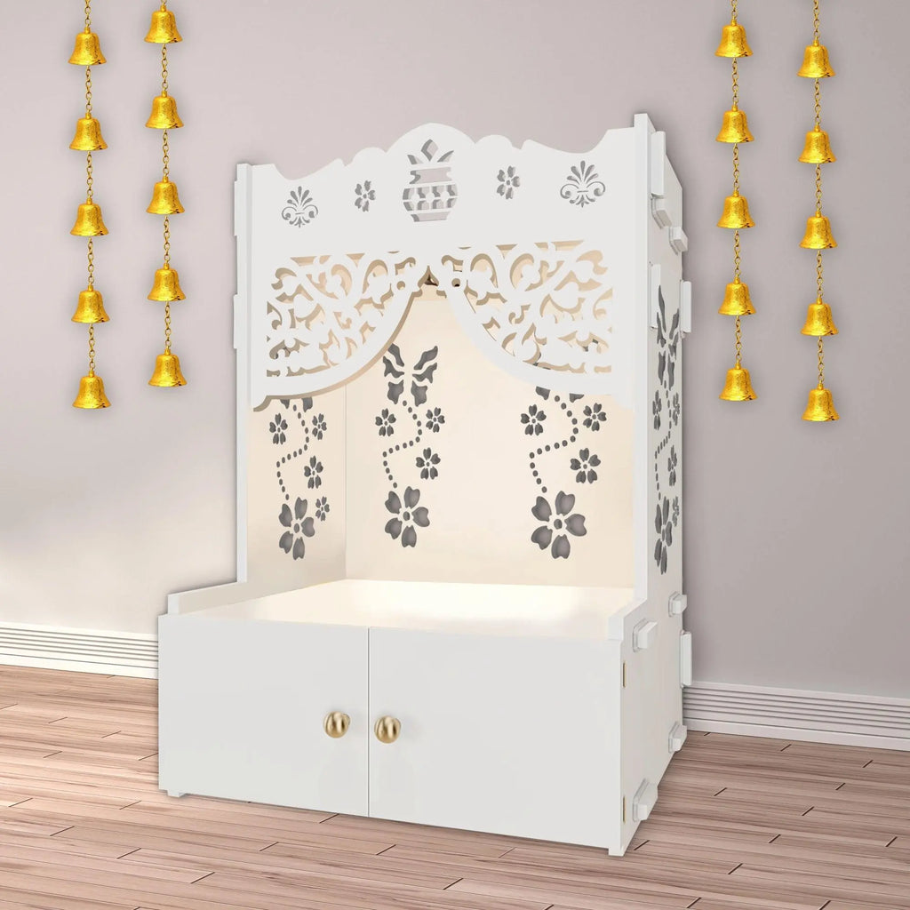 Beautiful Flower Design Pattern Floor Temple with Spacious Wooden Shelf & Inbuilt Focus Light- White Finish - Decor Mantra 