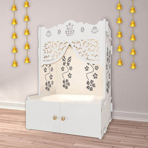 Beautiful Flower Design Pattern Floor Temple with Spacious Wooden Shelf & Inbuilt Focus Light- White Finish - Decor Mantra 