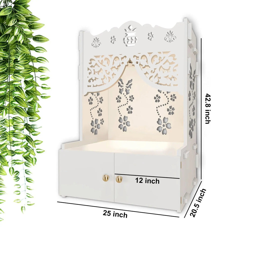 Beautiful Flower Design Pattern Floor Temple with Spacious Wooden Shelf & Inbuilt Focus Light- White Finish - Decor Mantra 