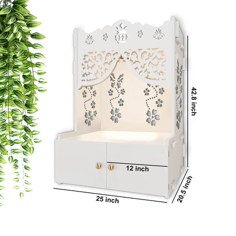 Beautiful Flower Design Pattern Floor Temple with Spacious Wooden Shelf & Inbuilt Focus Light- White Finish - Decor Mantra 