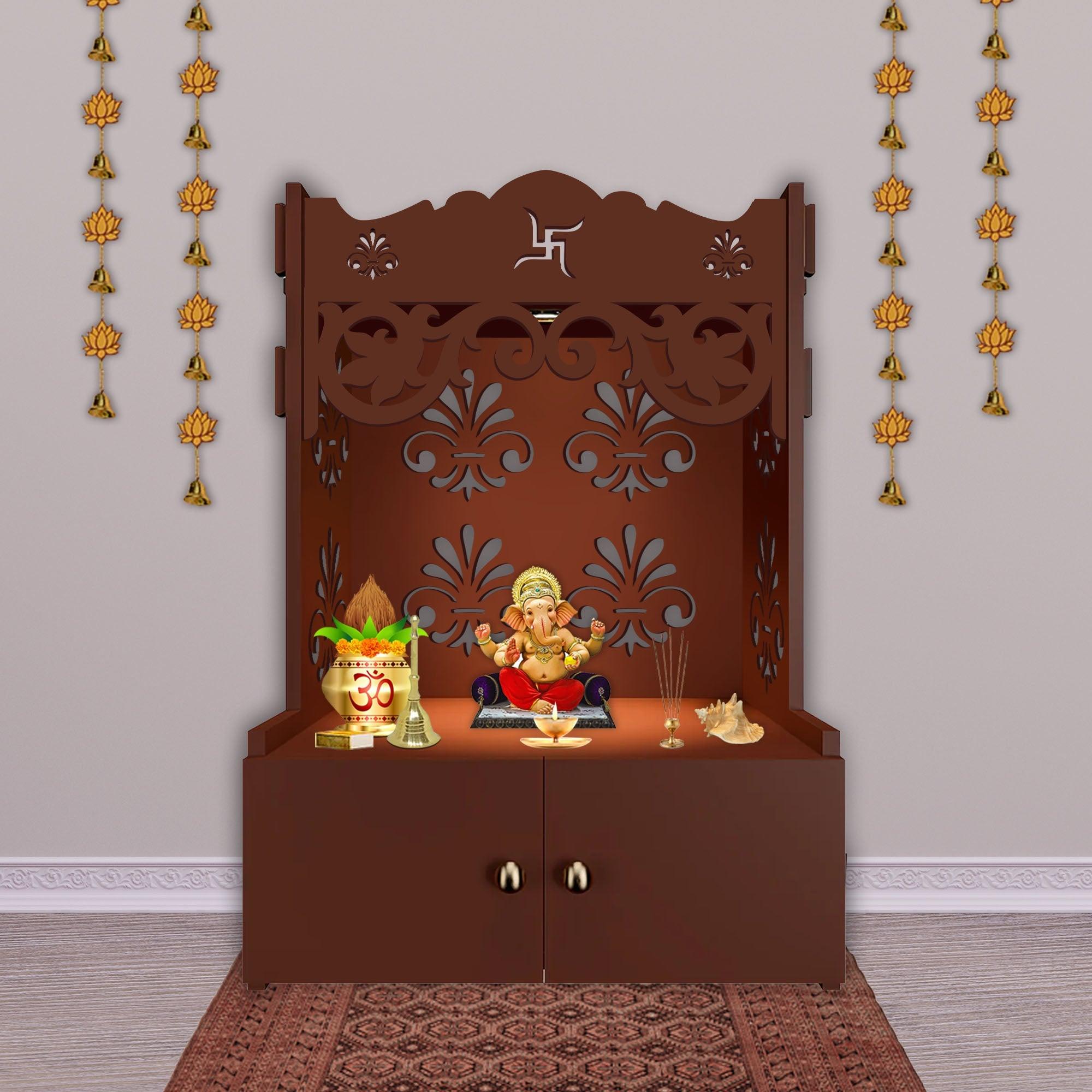 Floral Designer Pattern Floor Temple with Spacious Wooden Shelf & Inbuilt Focus Light- Brown Finish - Decor Mantra 