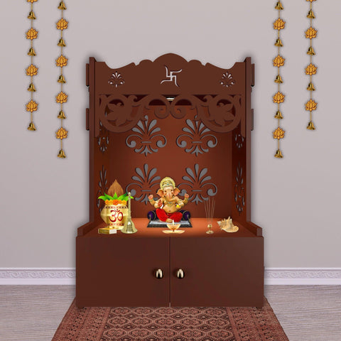 Floral Designer Pattern Floor Temple with Spacious Wooden Shelf & Inbuilt Focus Light- Brown Finish - Decor Mantra 
