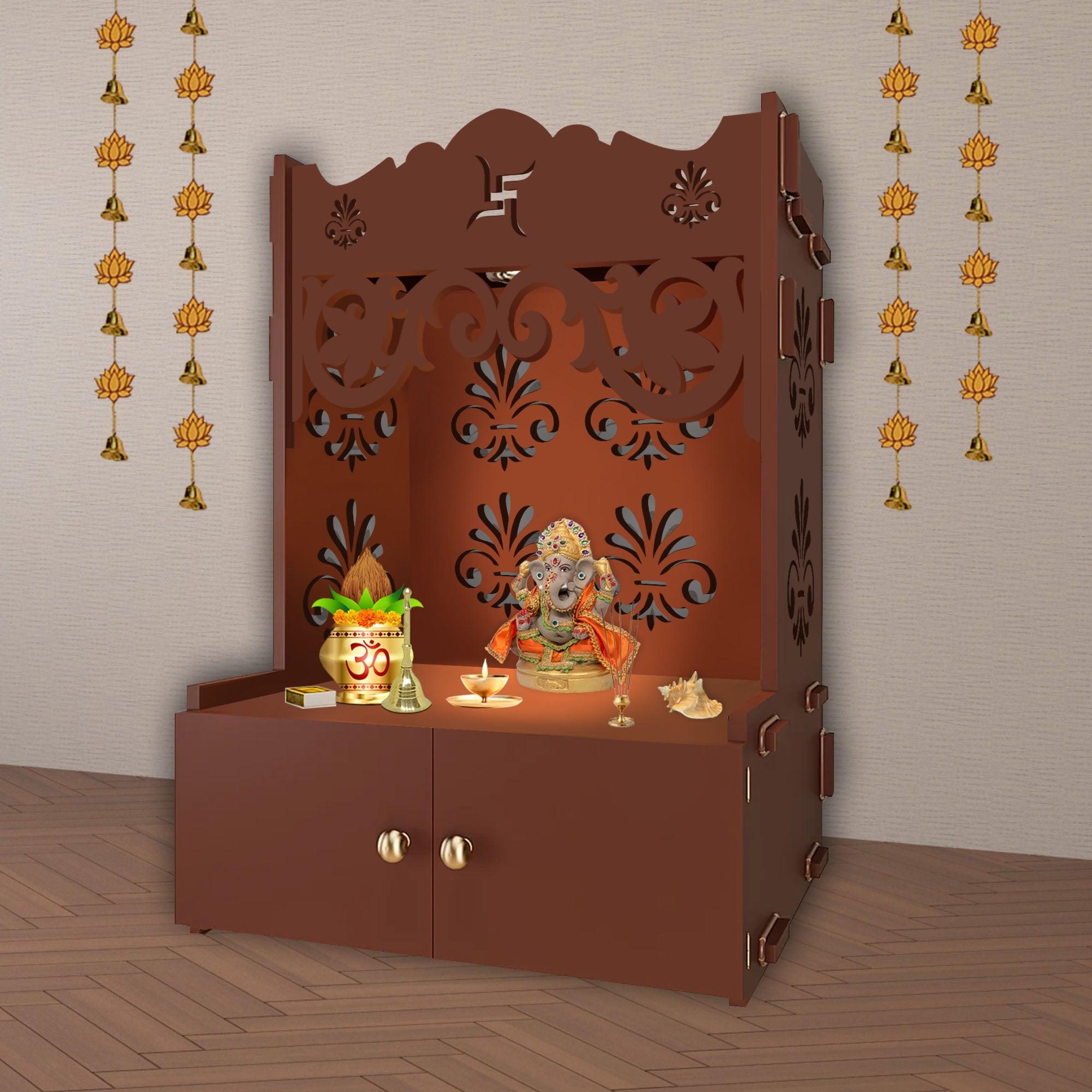 Floral Designer Pattern Floor Temple with Spacious Wooden Shelf & Inbuilt Focus Light- Brown Finish - Decor Mantra 