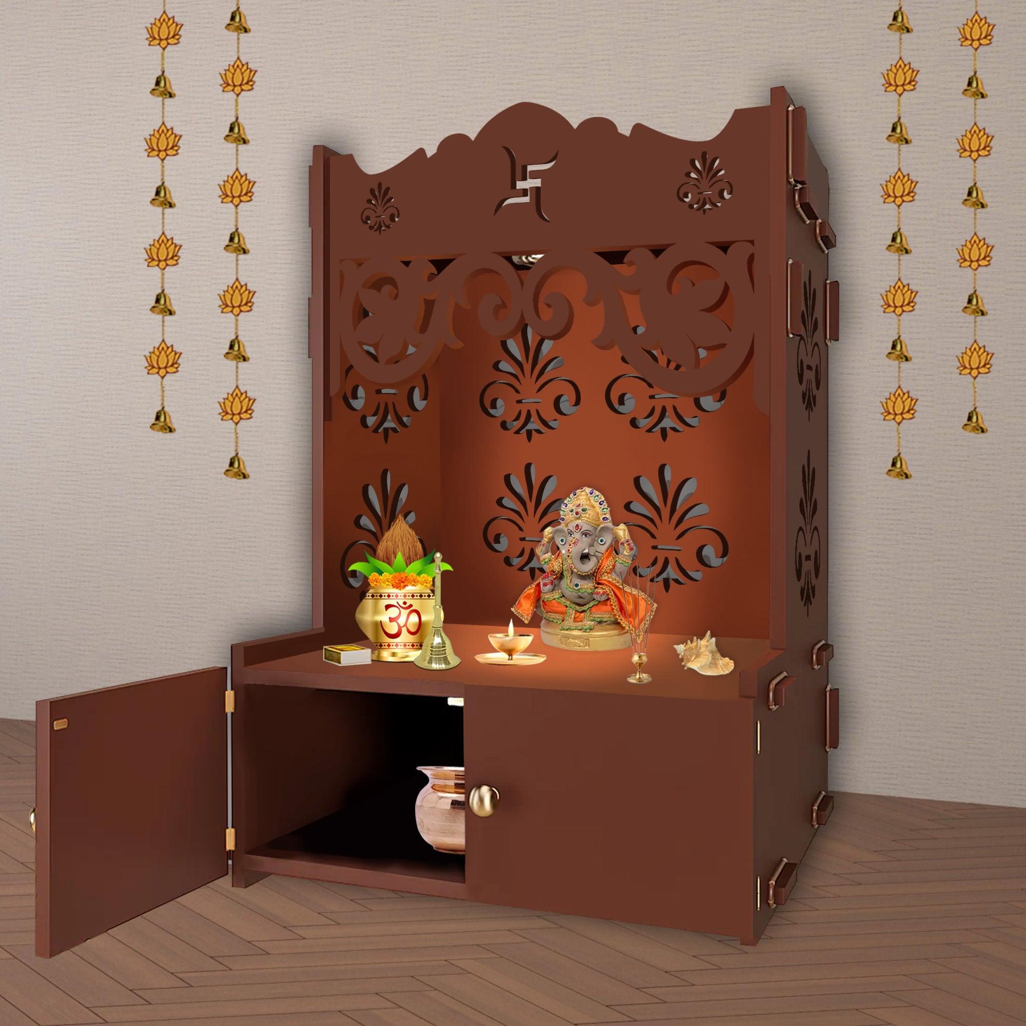 Floral Designer Pattern Floor Temple with Spacious Wooden Shelf & Inbuilt Focus Light- Brown Finish - Decor Mantra 