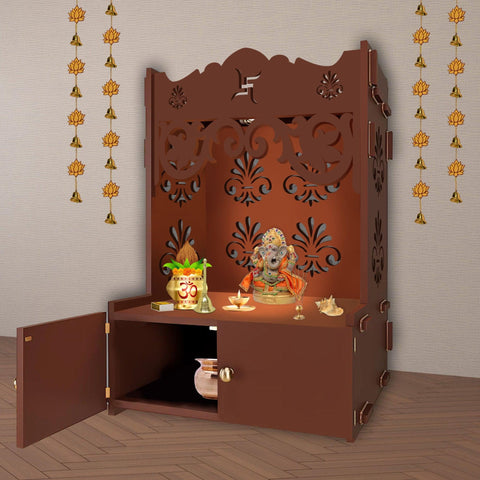 Floral Designer Pattern Floor Temple with Spacious Wooden Shelf & Inbuilt Focus Light- Brown Finish - Decor Mantra 