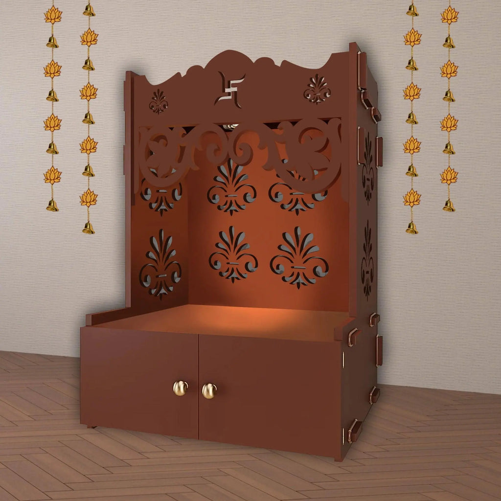 Floral Designer Pattern Floor Temple with Spacious Wooden Shelf & Inbuilt Focus Light- Brown Finish - Decor Mantra 