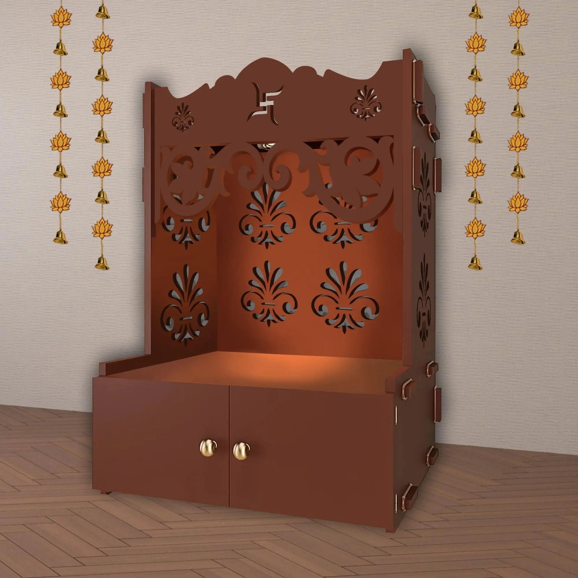 Floral Designer Pattern Floor Temple with Spacious Wooden Shelf & Inbuilt Focus Light- Brown Finish - Decor Mantra 