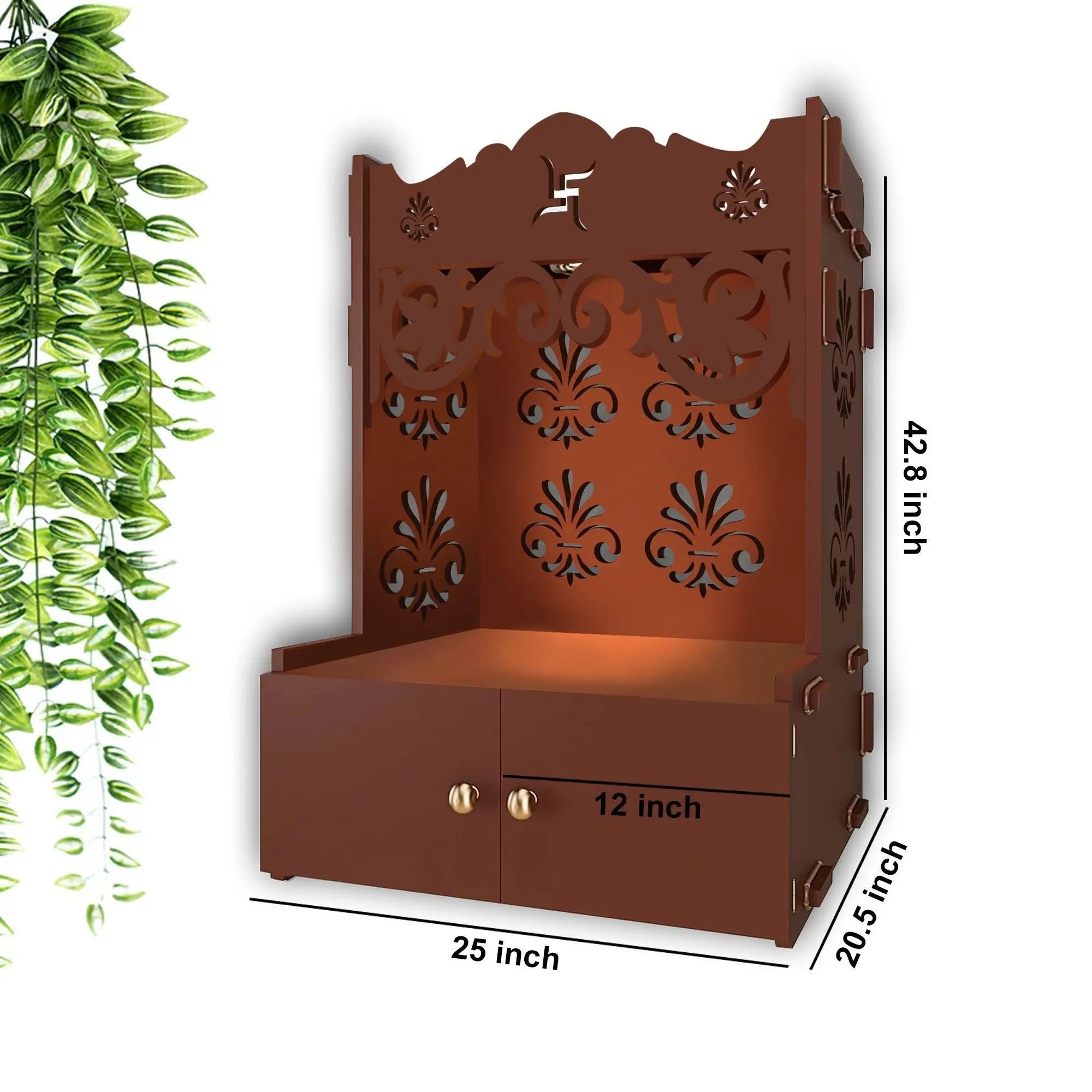 Floral Designer Pattern Floor Temple with Spacious Wooden Shelf & Inbuilt Focus Light- Brown Finish - Decor Mantra 