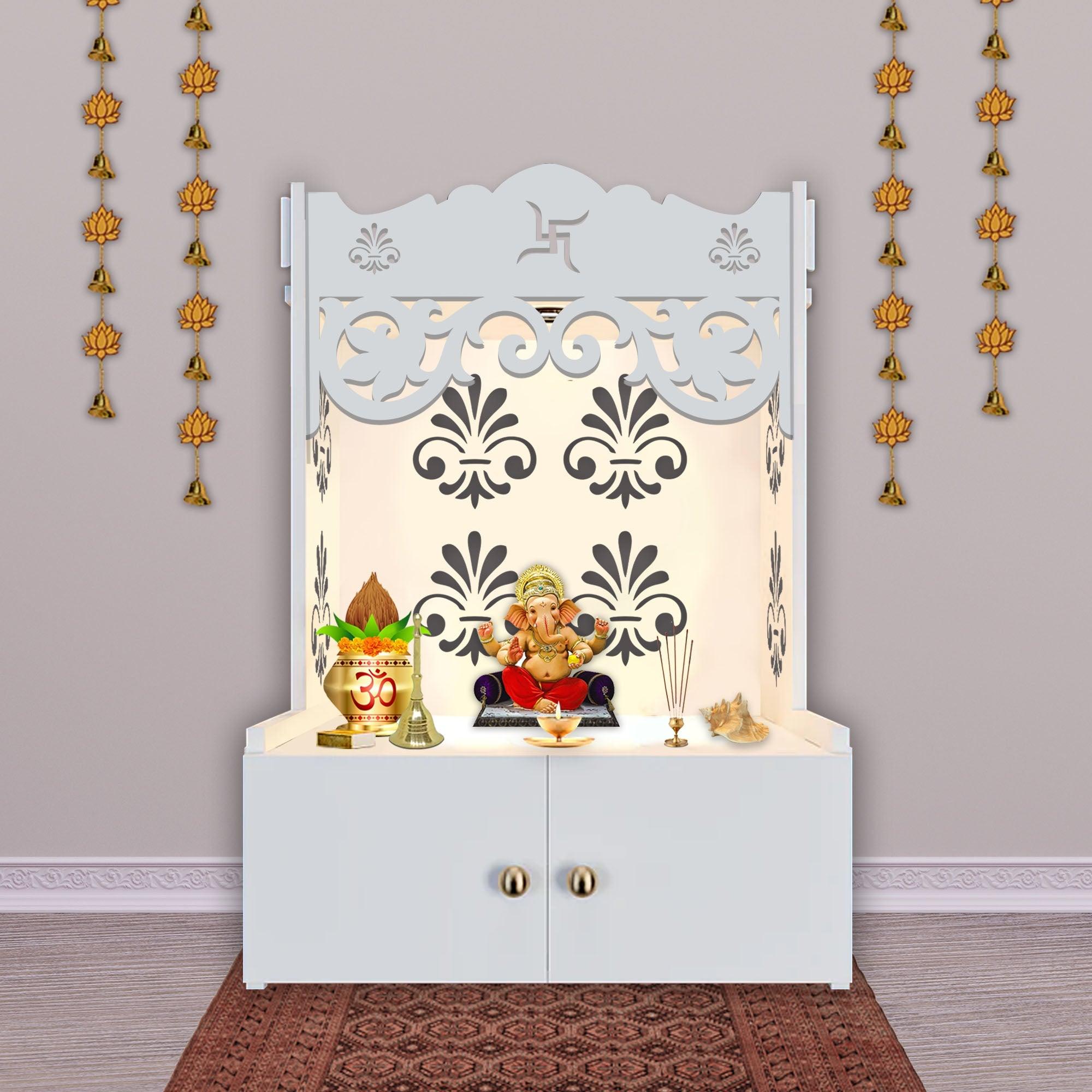 Floral Designer Pattern Floor Temple with Spacious Wooden Shelf & Inbuilt Focus Light- White Finish - Decor Mantra 