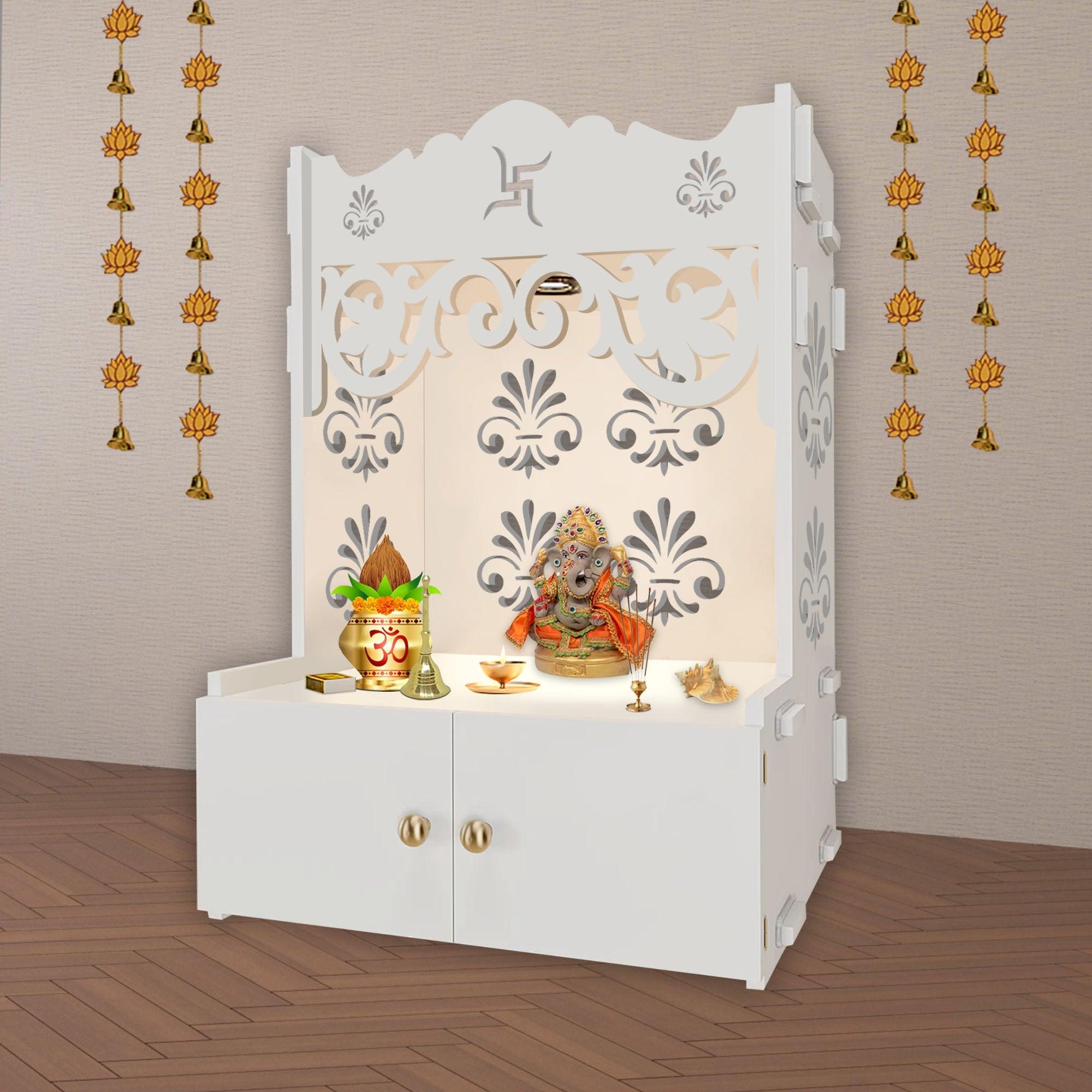 Floral Designer Pattern Floor Temple with Spacious Wooden Shelf & Inbuilt Focus Light- White Finish - Decor Mantra 
